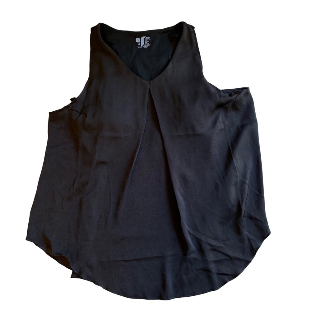 SheBird Fly Free Tank Womens Size 3 Black V-Neck Pleated Built-in Bra Top
